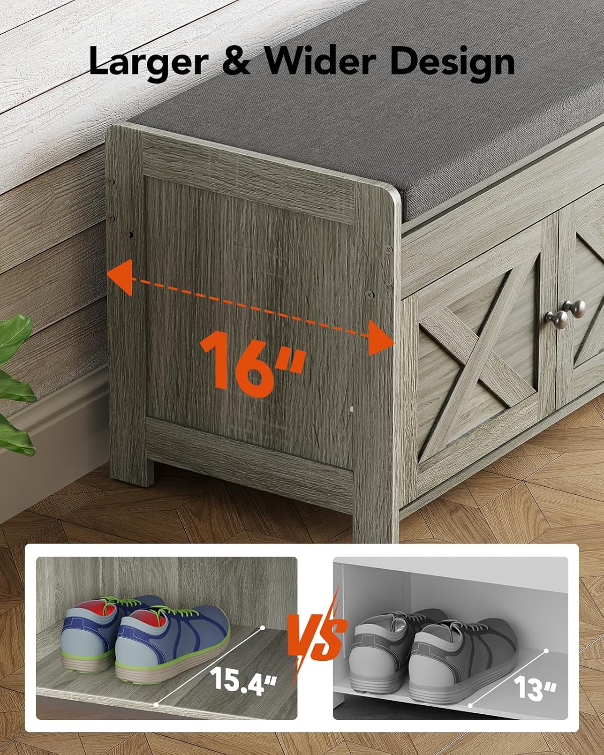 Pipishell Shoe Storage Bench, 2-Tier Shoe Bench with Cushioned Seat, Entryway Bench with Adjustable Shelf & Barn Doors, 300 lbs Capacity, 39.4" x 15" x 18", for Entryway, Bedroom, Living Room, Gray
