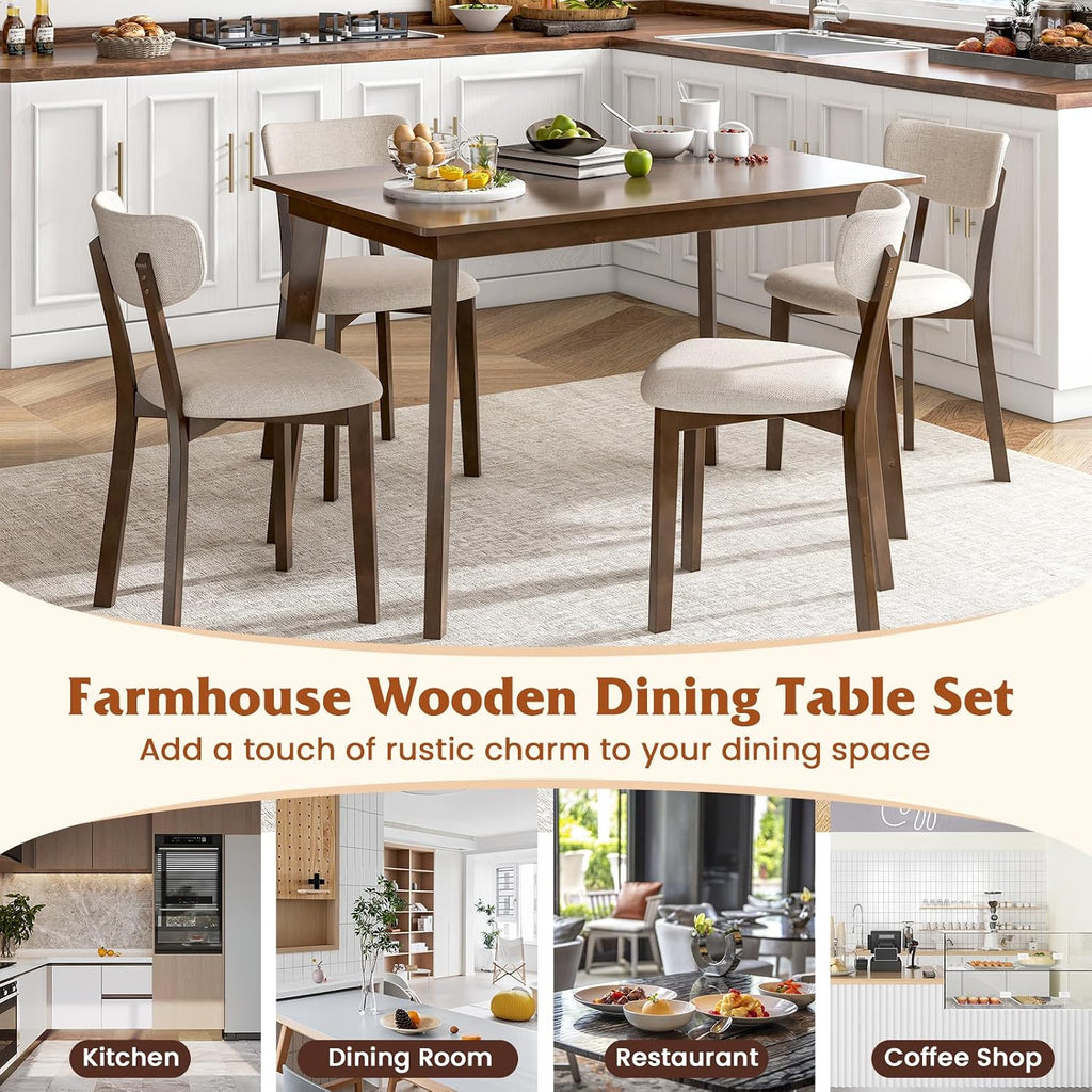 GOFLAME 5-Piece Dining Table Set for 4, Farmhouse Kitchen Table & 4 Upholstered Chairs with Rubber Wood Frame, Padded Seat, Curved Backrest, Space-Saving Dinette Set for Dining Room, Small Space