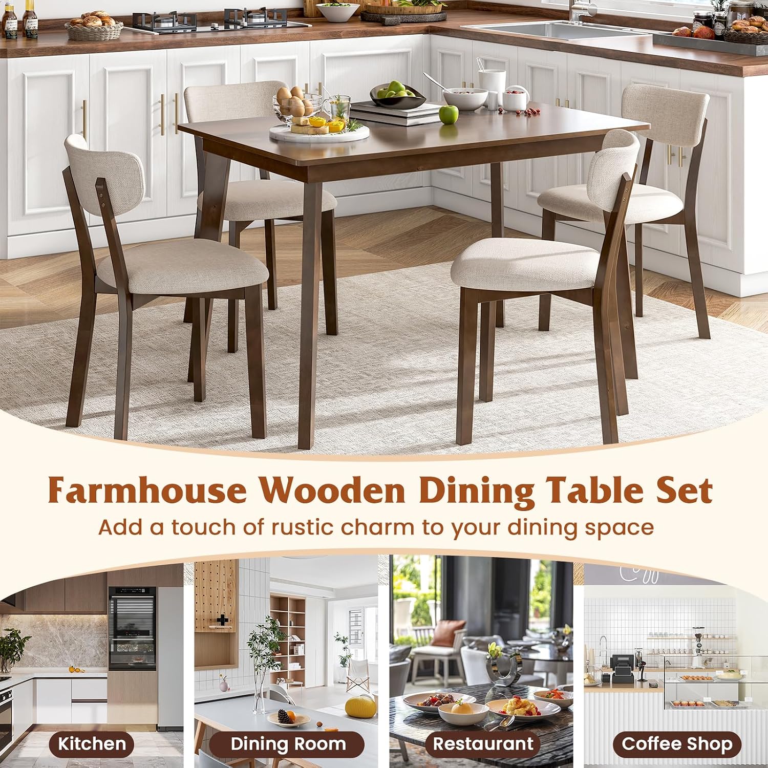 GOFLAME 5-Piece Dining Table Set for 4, Farmhouse Kitchen Table & 4 Upholstered Chairs with Rubber Wood Frame, Padded Seat, Curved Backrest, Space-Saving Dinette Set for Dining Room, Small Space