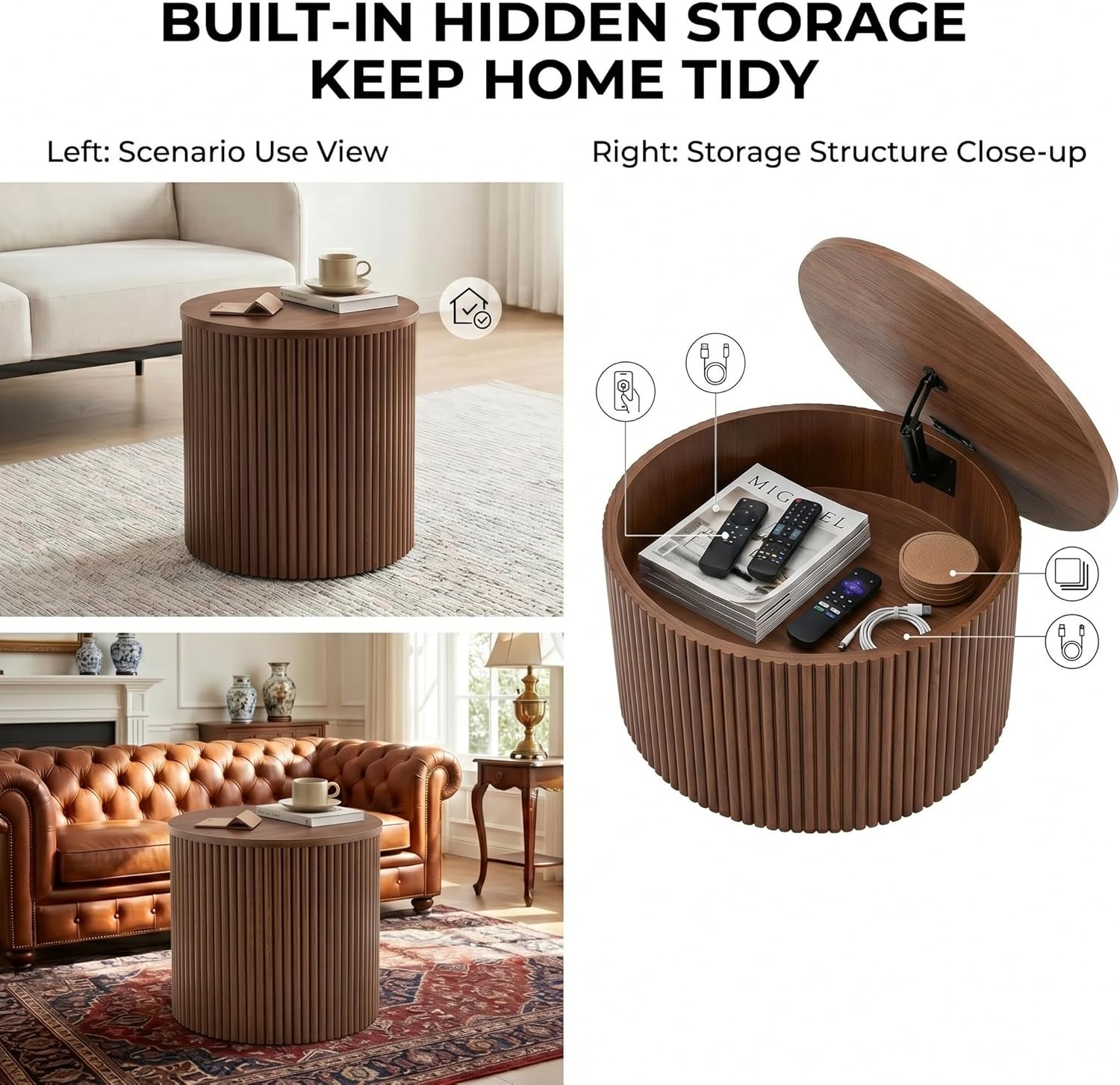KEIKI Round Nesting Coffee Table Set of 2, Roman Wood Center Table & End Table Set with Built-in Storage, Modern Accent Tables for Small Space Living Room Bedroom, No Assembly, Brown