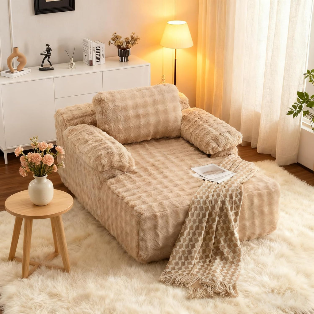 VINGLI Floor Chaise Lounge Chair Indoor, 55.5" Deep Seat Sleeper Sofa Bed Upholstered Bubble Fleece Fabric Couches for Living Room, Bedroom, Play Room, No Assembly Required