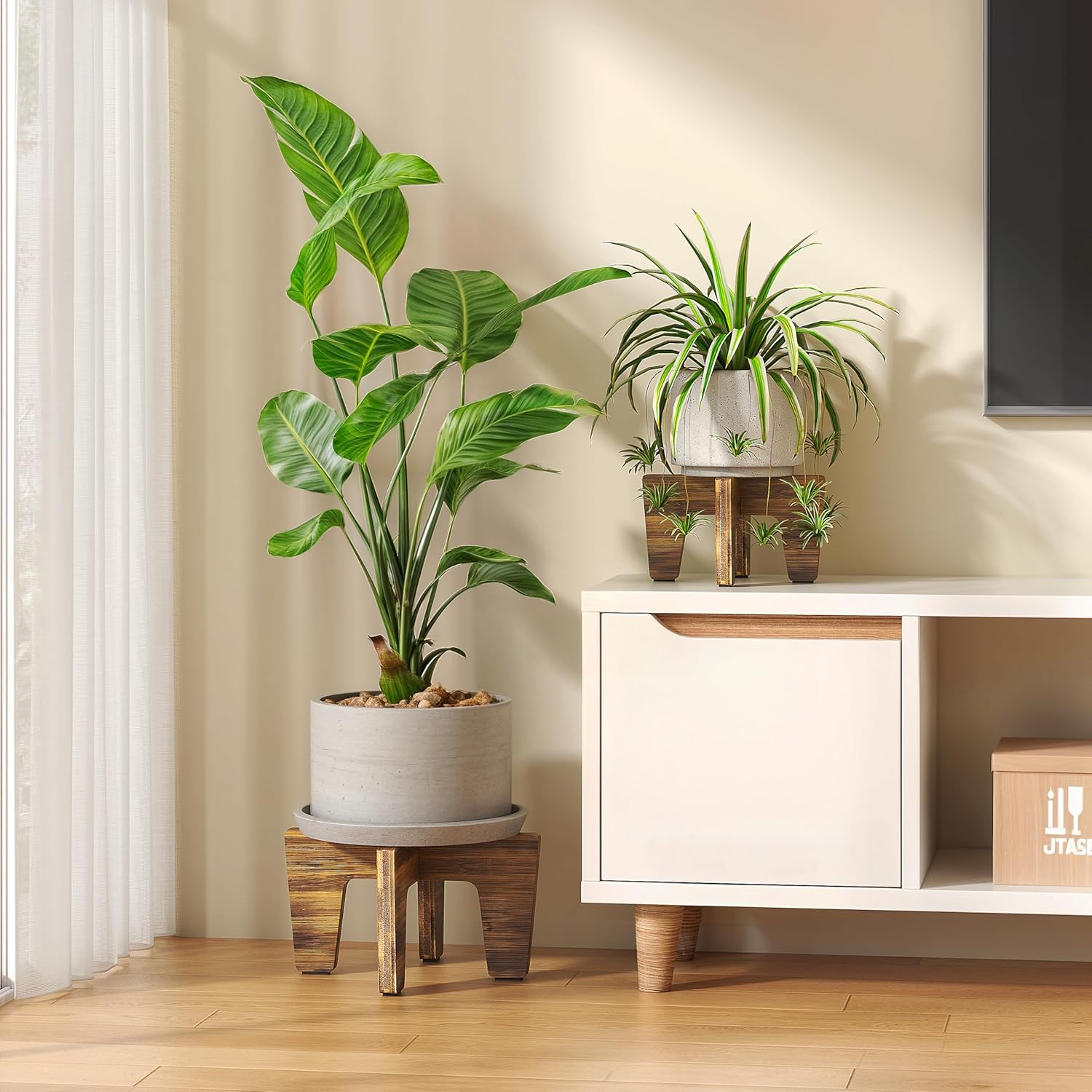 Plant Stands Indoor Outdoor, Plant Risers for Inside Pots Sturdy Short Plants Holder, Flower Pot Stand for Indoor Plants, Small Single Floor Plant Bamboo Display Stand (Brown 12“ (2 pack))