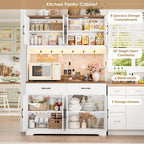 HIFIT 71" LED Pantry Cabinet with Charging Station, Tall Coffee Bar Cabinet | Farmhouse Kitchen Hutch Cabinet with Storage, Large Countertop, 7 Metal Cup Hooks, White