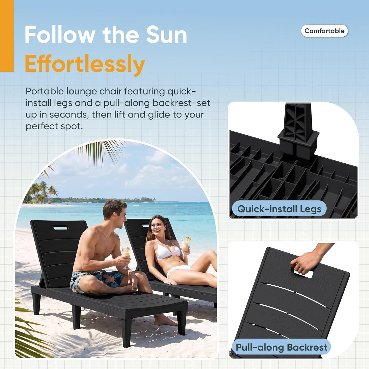 Greesum 2-Pack Adjustable Chaise Lounges, Black | 5-Pos Recline, Waterproof PP, UV-Resist, Easy-Clean, for Pool/Patio/Beach, Tool-Free