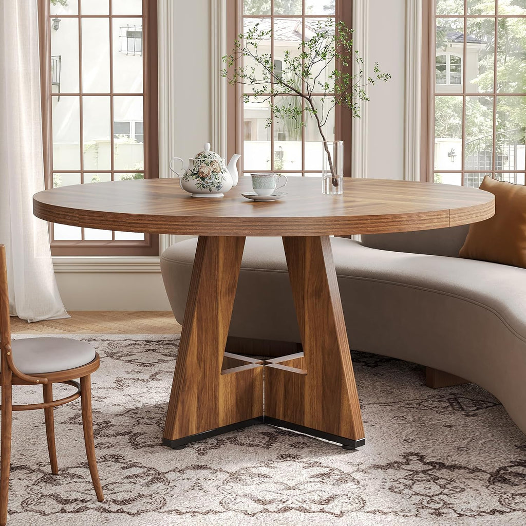 LITTLE TREE Round Dining Table for 4-6 People, 47 Inches Dining Room Table with Wooden Pedestal Base, Brown Dinner Tables, Circle Kitchen Tables for Dining Room, Kitchen, Living Room(Table Only)