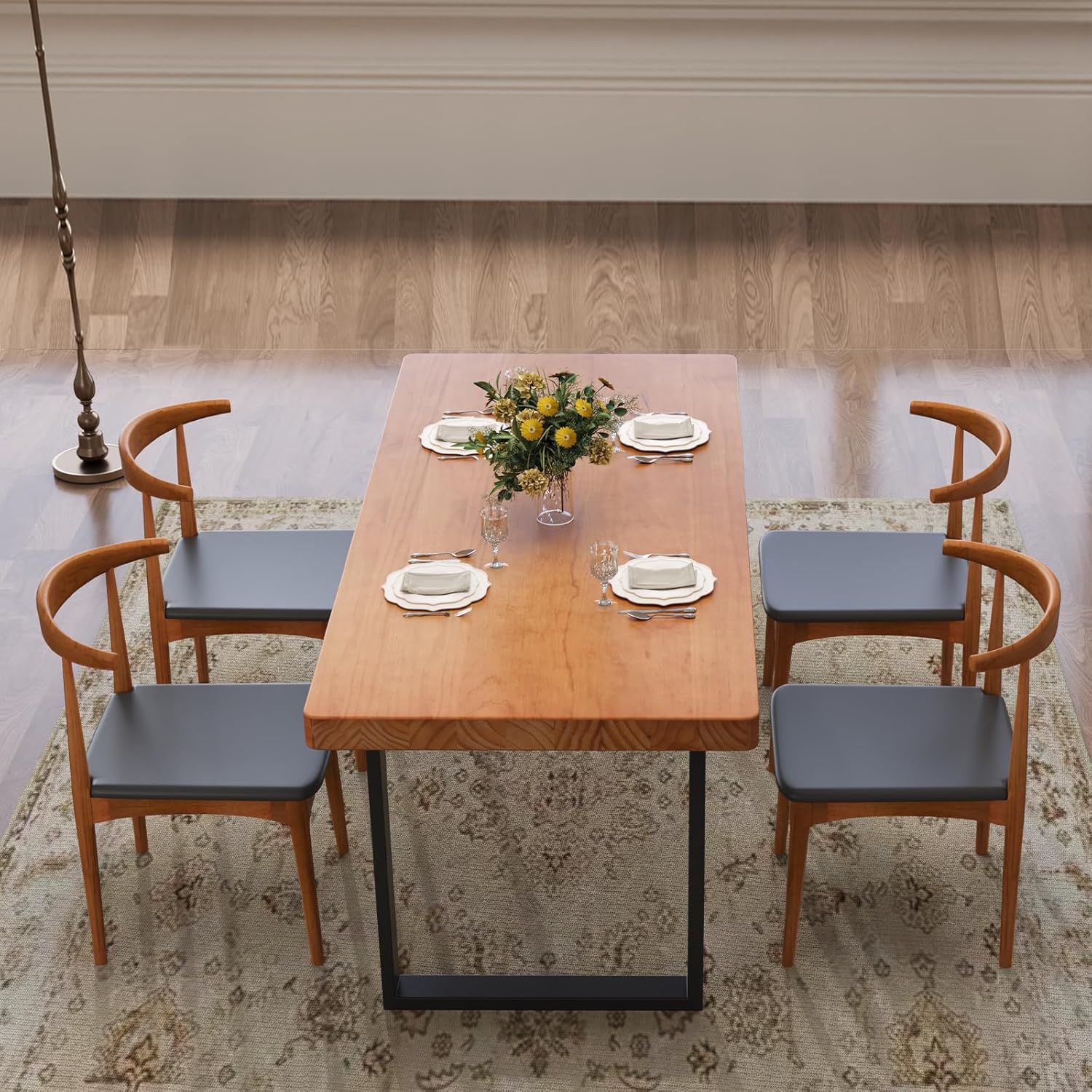 Stylish Modern Minimalist Solid Wood Dining Table with Sturdy Metal Base – Easy Assembly, Versatile Design for Dining Rooms, Living Rooms, and Offices