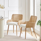 Rattan Dining Chairs Set of 2,Modern Dining Room Chairs with Upholstered Cushion and Metal Legs,Rattan Kitchen Chairs,Brown