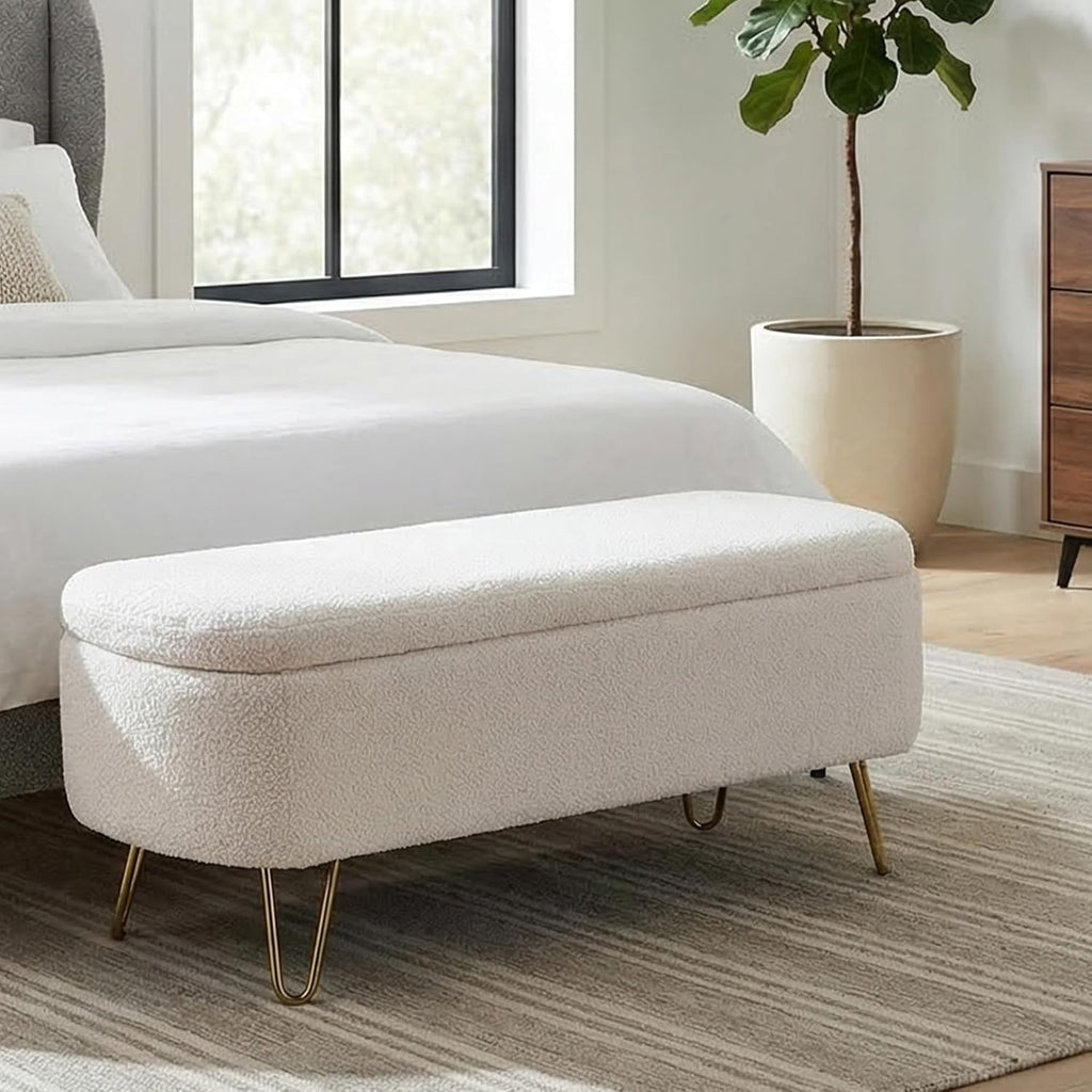 Boucle Storage Bench, Small End of Bed Bench for Bedroom, Entryway Bench with Storage, Sherpa Upholstered Ottoman Foot Rest for Living Room, Gold Legs, Cream
