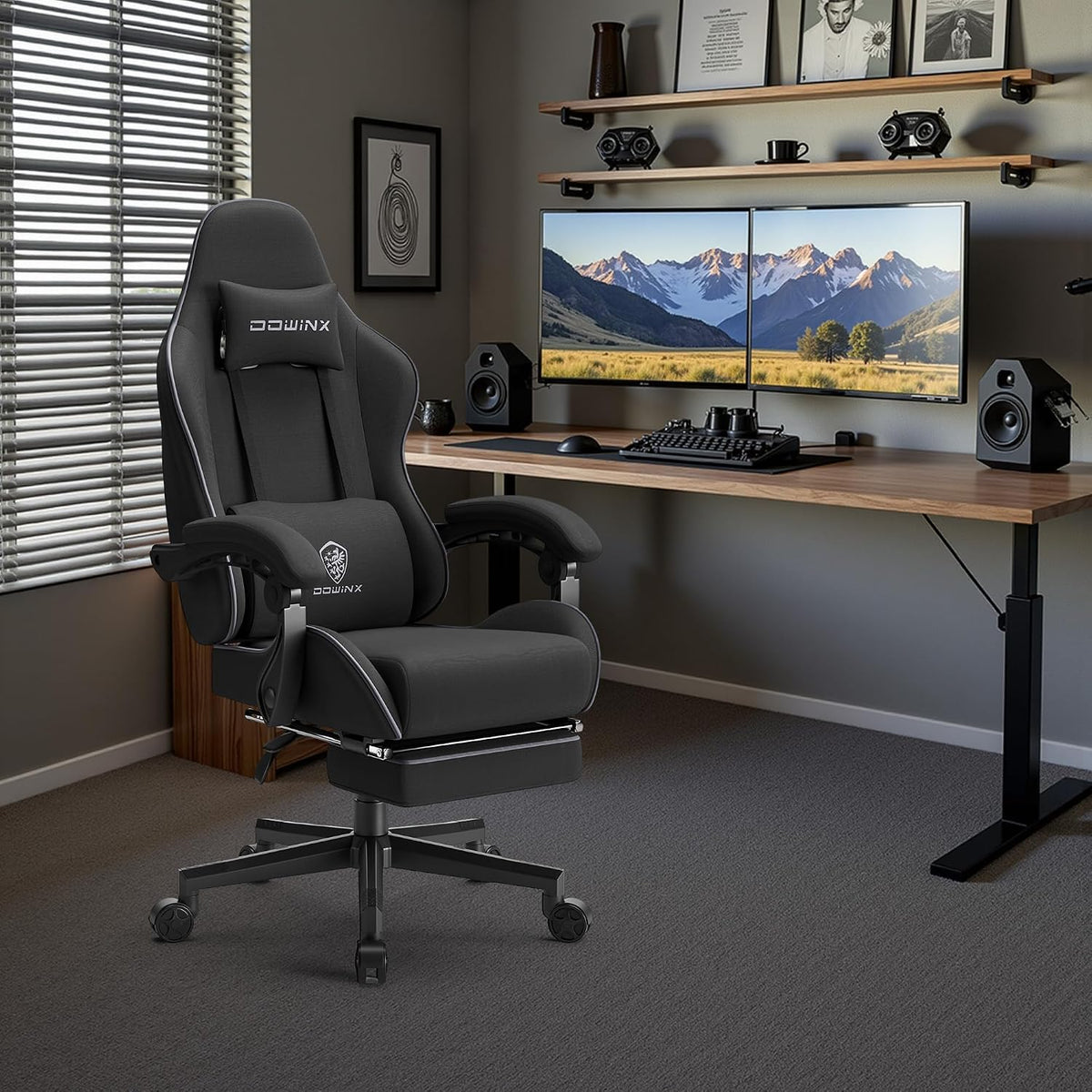 Dowinx Gaming Chair Fabric with Pocket Spring Cushion, Massage Game Chair Cloth with Headrest, Ergonomic Computer Chair with Footrest 290LBS, Black