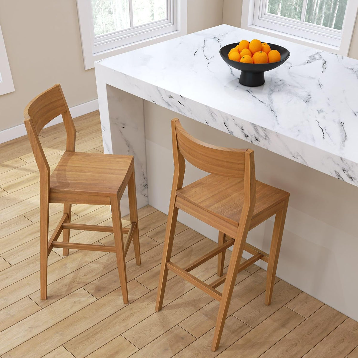 Plank+Beam Modern Bar Height Chairs, 44 Inch, Set of 2 Solid Wood Dining Chairs for Home Bar, Kitchen, Contemporary Seating for Dining Room, Pecan