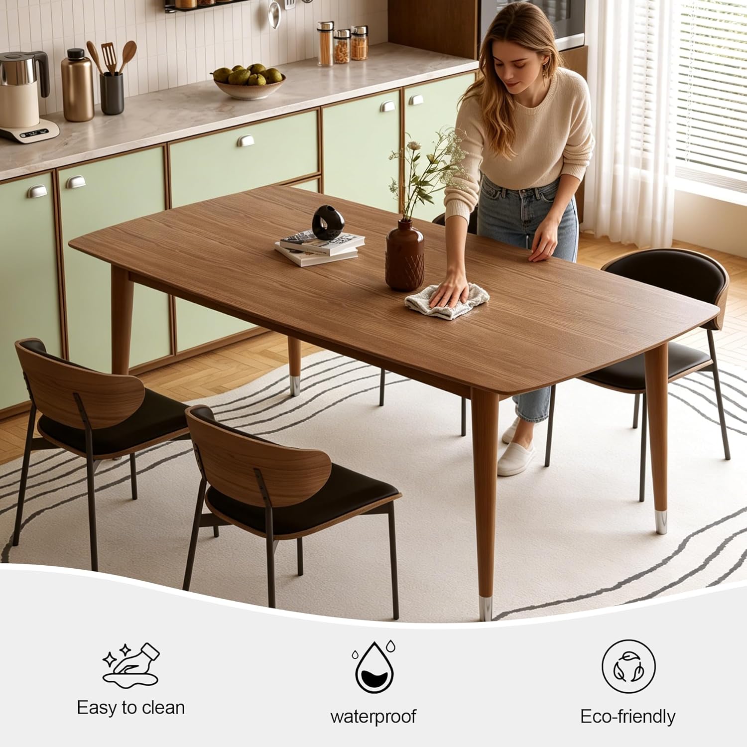 62.9" Solid Wood Dining Table for 4-6, Mid-Century Modern Rectangular Kitchen Table with Tapered Legs, Sturdy Structure for Dining Room Apartment,Walnut