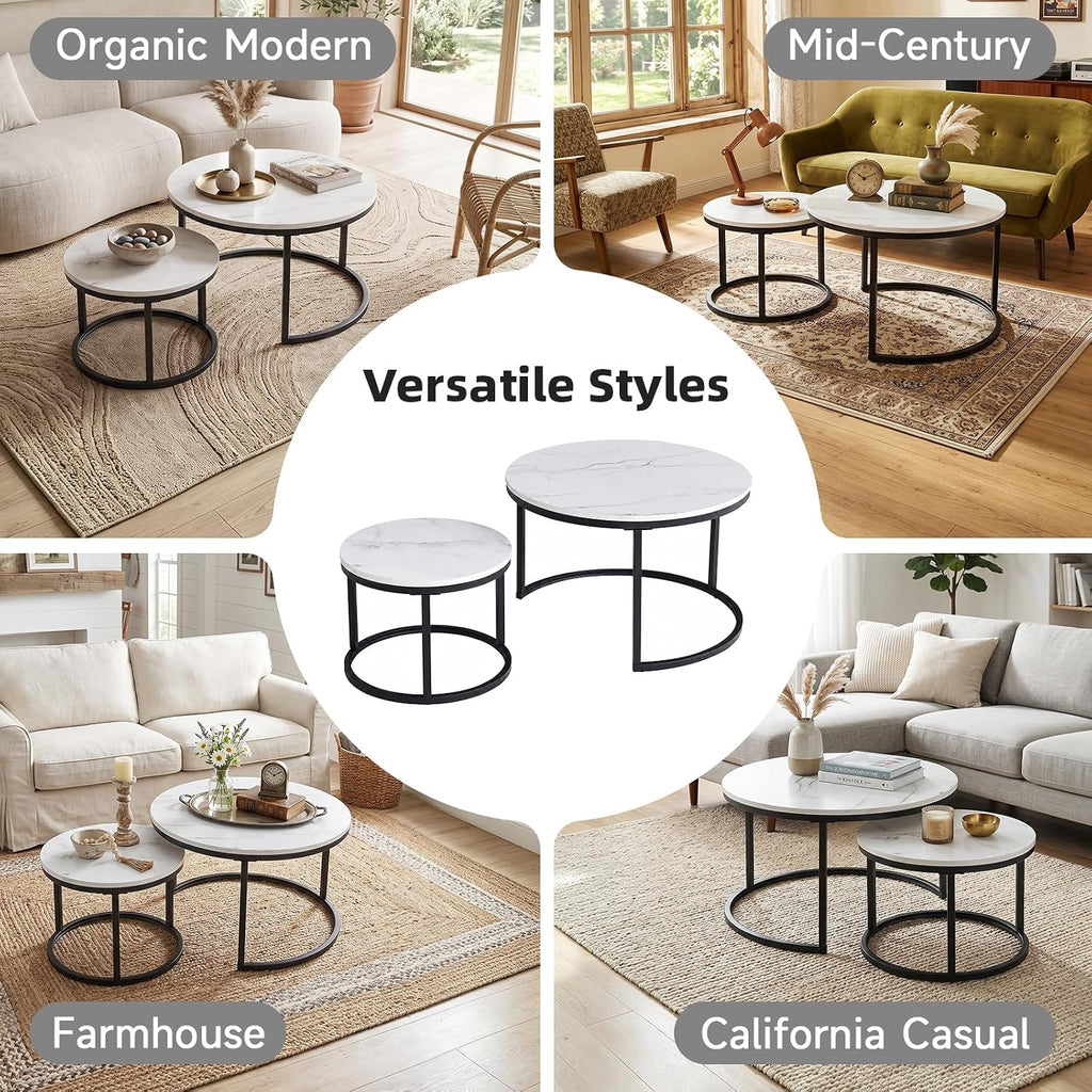 Nesting Coffee Table White Marble Pattern Wooden with Black Frame | 31.49" Round Coffee Tables for Living Room, Waiting Room, Apartment, Office, Balcony, Set of 2