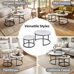 Nesting Coffee Table White Marble Pattern Wooden with Black Frame | 31.49" Round Coffee Tables for Living Room, Waiting Room, Apartment, Office, Balcony, Set of 2