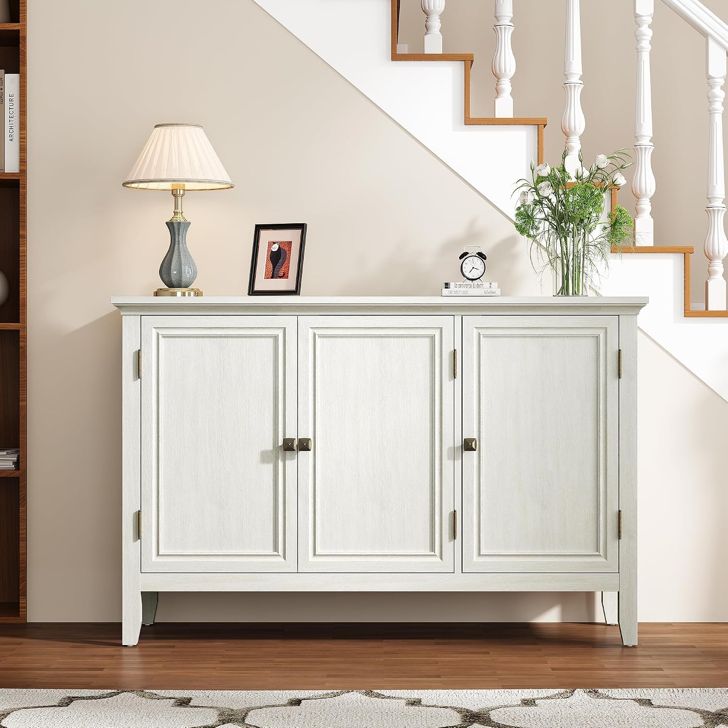 RoyalCraft Buffet Cabinet with Storage, Mid Century Modern Sideboard with 3 Doors, Wood Credenza Coffee Bar Cabinet, Console Table for Dining Room, Living Room, Kitchen, Hallway, Grayish-White