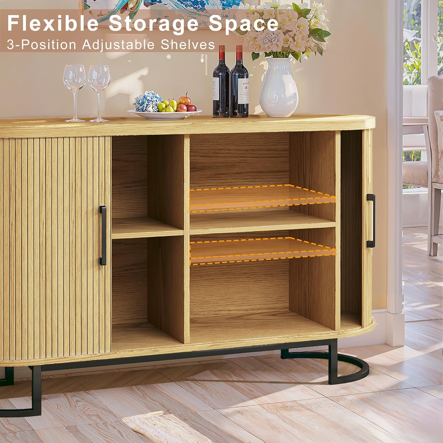 HUAHUU Sideboard Buffet Cabinet with Storage, 47.2" Fluted Storage Cabinet with Sliding Door & Adjustable Shelf, Modern Accent Coffee Bar Console Cabinet for Living Room Kitchen, Natural Oak