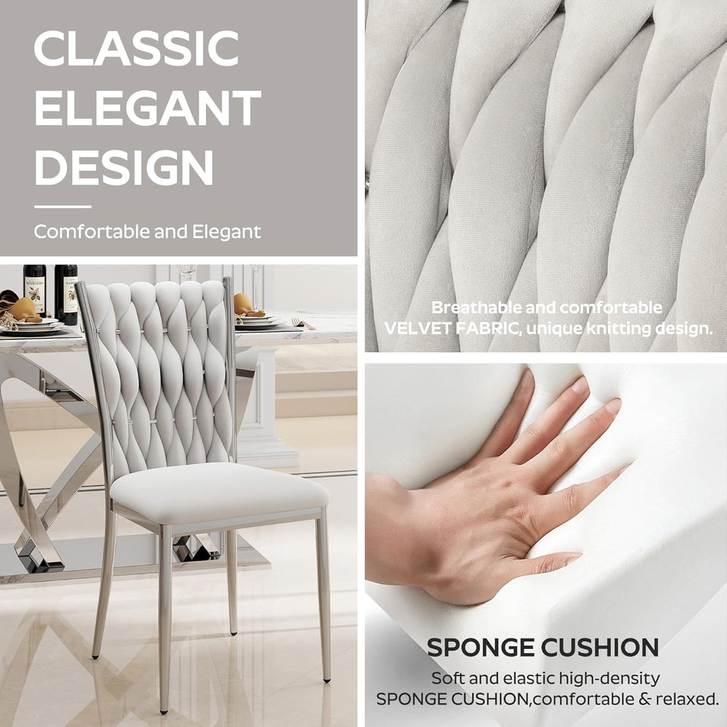 Modern Dining Chairs Set of 6, Light Grey Velvet Woven Kitchen Chair with Silver Metal Legs, Upholstered Cushion & High Back Design, Mid-Century Dining Chairs for Kitchen, Living Room