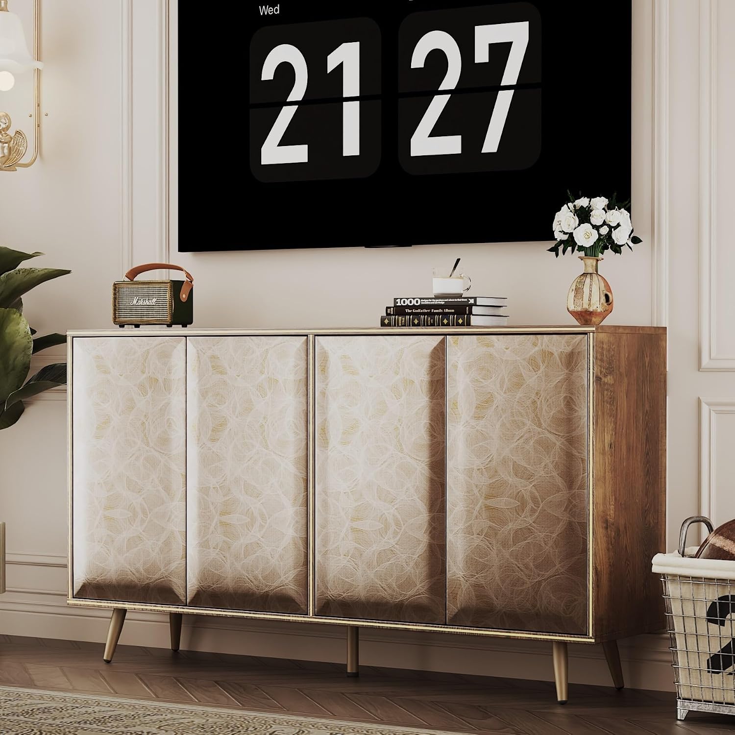 Sideboard Buffet Cabinet with Raised Shaped & Geometric Line Texture Door Panel, Accent Storage Cabinet for Living Room (Cabinet Body- Oak, 4 Door-15 D x 61" W x 34.5" H)