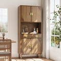 Smuxee 70.87" Walnut Kitchen Pantry Cabinet, Tall Food Pantry Cabinet with Line Groove Design, Kitchen Hutch with Microwave Stand for Dining Room, Living Room, Bar