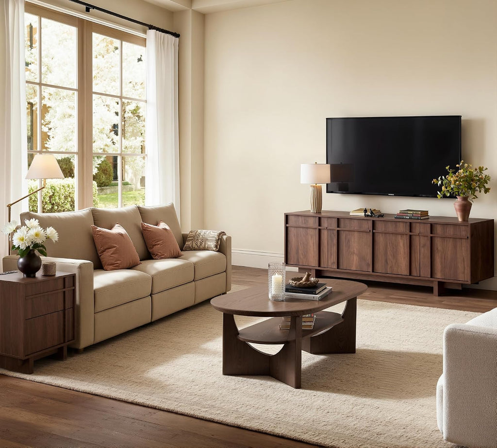 65.6" Mid Century Modern TV Stand for 75 Inch TV, Walnut | Media Console Cabinet with Storage, Skeletal Lines Design, Wood Grain Finish, Entertainment Center for Living Room, Bedroom