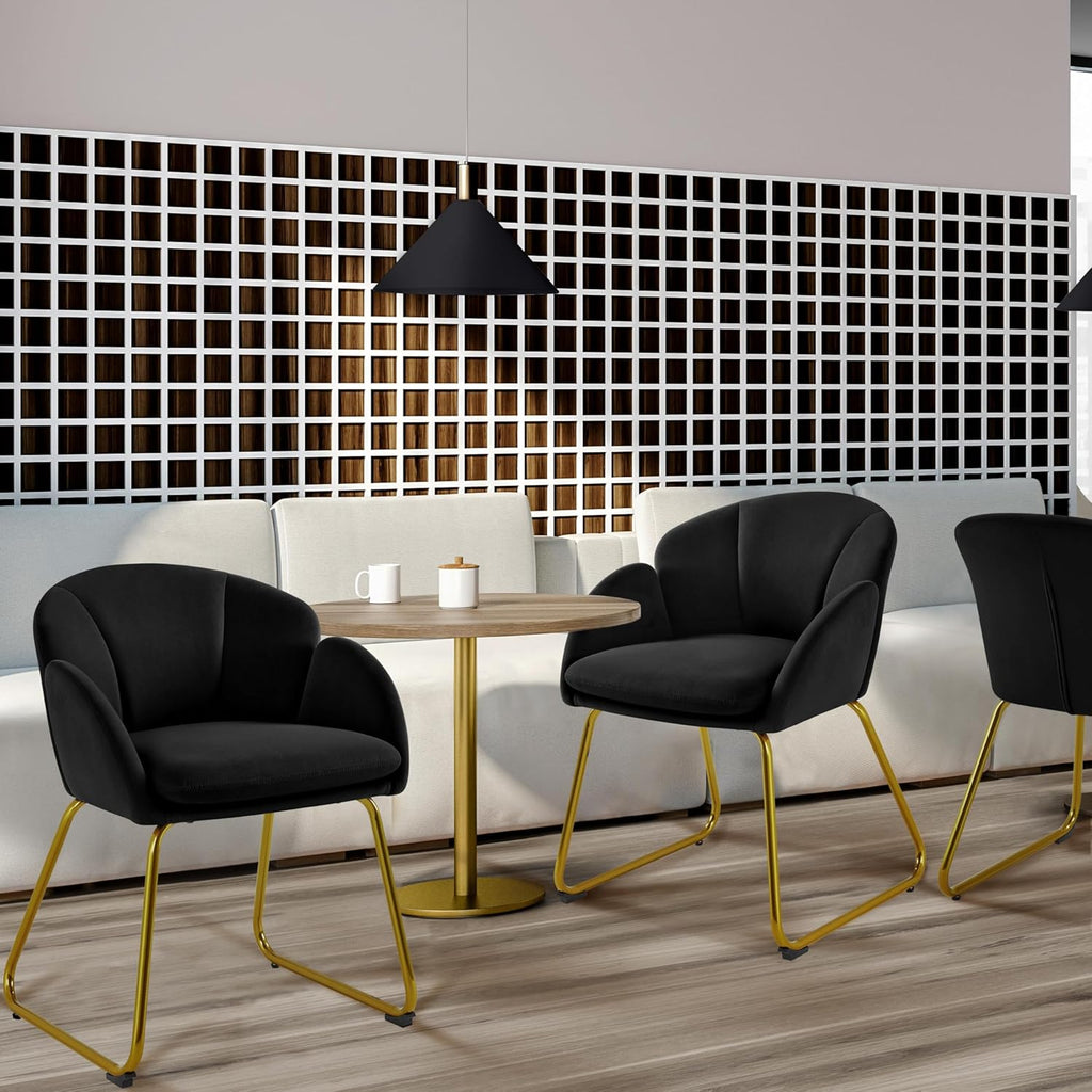 Yaheetech Upholstered Petal Dining Chair, Modern Velvet Bucket Dining Chair with Curved Back and Gold Metal Legs for Dining Room/Kitchen, Black