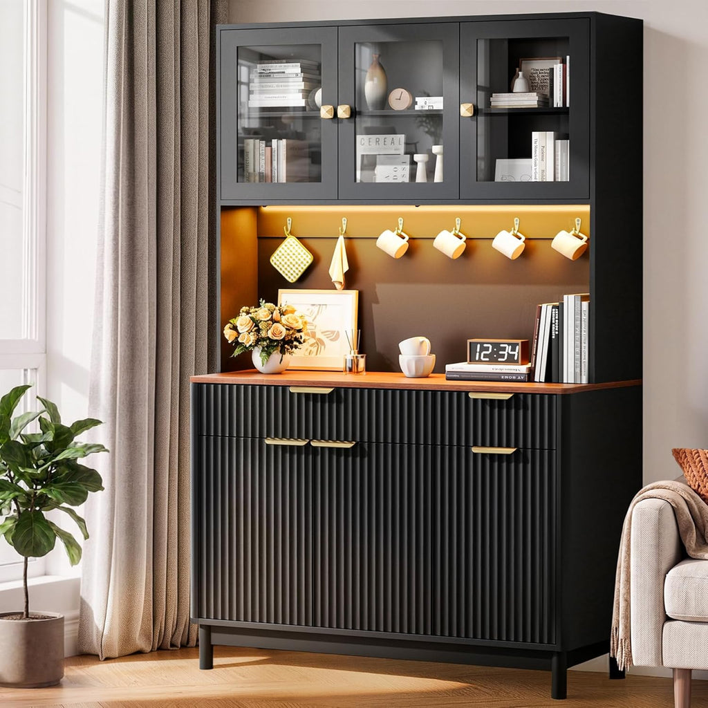 71'' Fluted Kitchen Pantry Cabinet with Power Outlet & LED Light, Food Kitchen Hutch with Countertop, Wood Pantry Storage Cabinet with a Drawer & Shelves for Living Room, Dining Room, Black