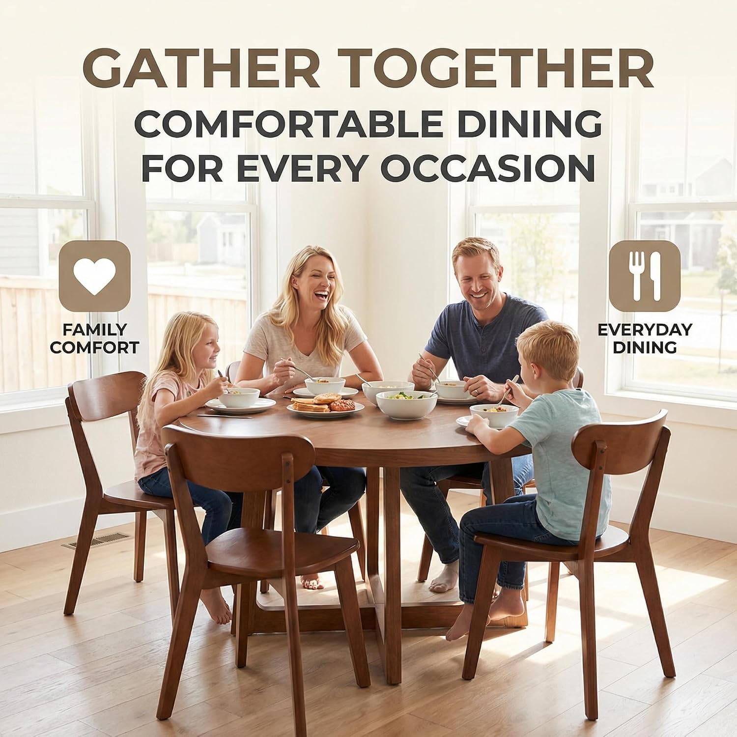 HNY Farmhouse Solid Wood Dining Chairs Set of 6, Mid Century Modern Armless Kitchen & Dining Room Chairs with Curved Back, 300 LBS Capacity, Walnut for Home, Apartment