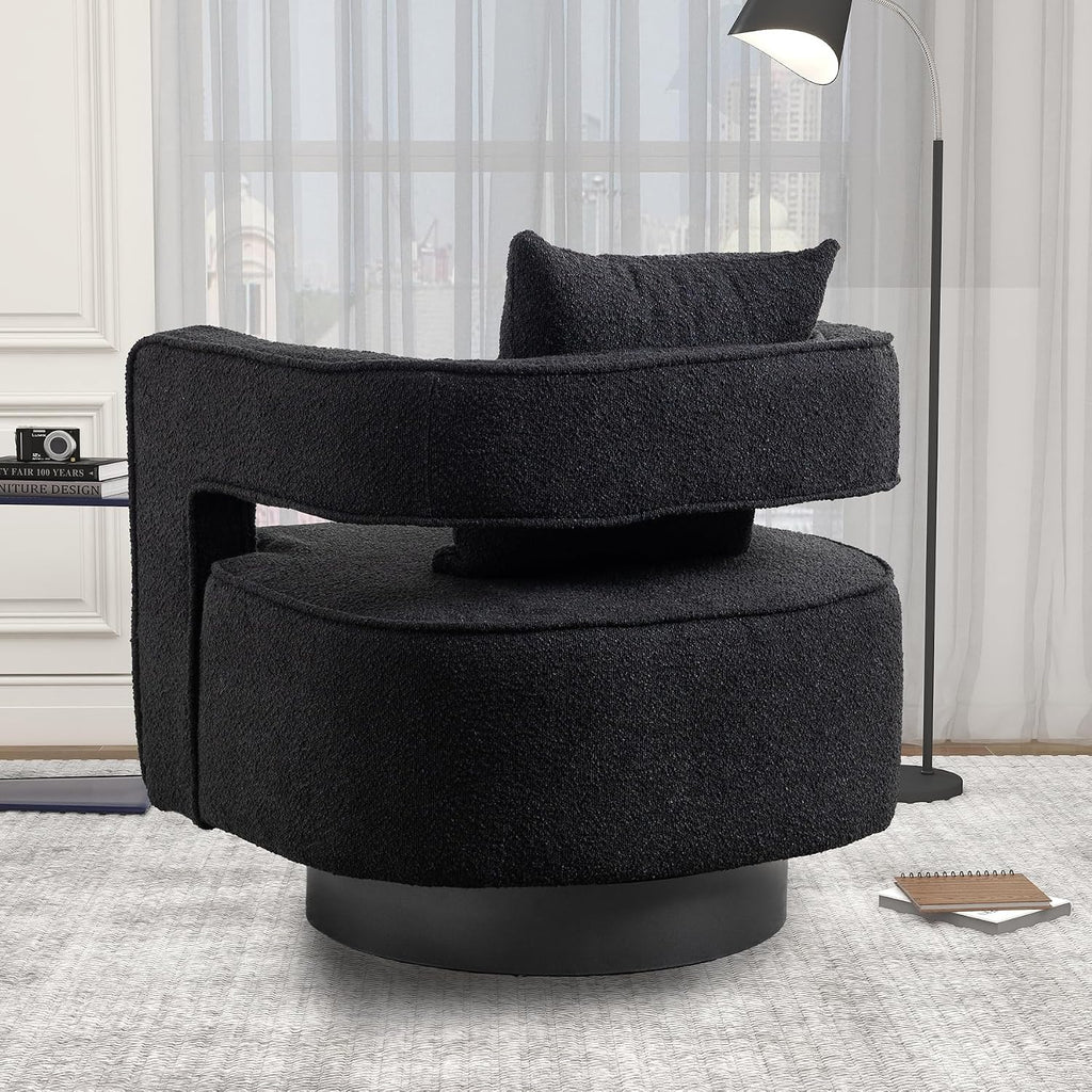 Swivel Accent Chair, Modern Swivel Barrel Chair for Living Room, 360 Degree Comfy Square Accent Chair with Open Back, Upholstered Armchair for Bedroom,Reading, Boucle, Black