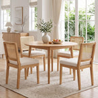 HNY Modern Farmhouse Rattan Dining Chairs Set of 4 Beige Chenille Upholstered Dining Room Chair with Cane Back Mid Century Natural Wood Kitchen Chairs, Boho Accent Wicker Woven Chairs for Living Room