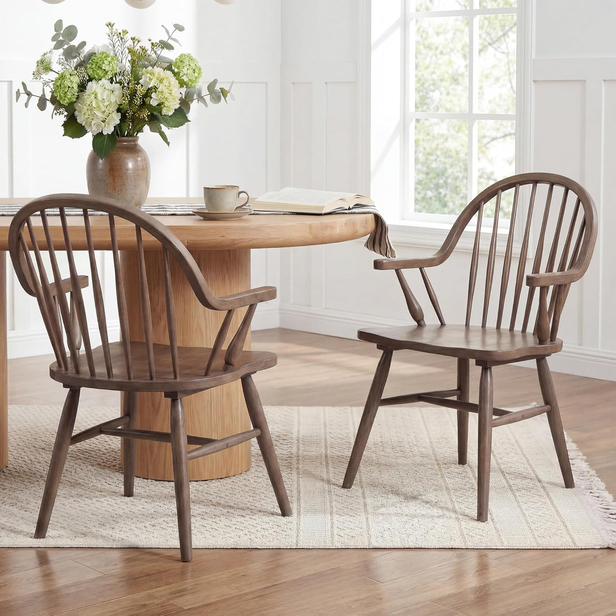 DUHOME Windsor Dining Chairs Set of 2, Solid Wood Spindle Curve Back Chairs with Arms, Farmhouse Mid Century Modern Chairs for Kitchen, Dining Room, Restaurant, Cafe & Hotel