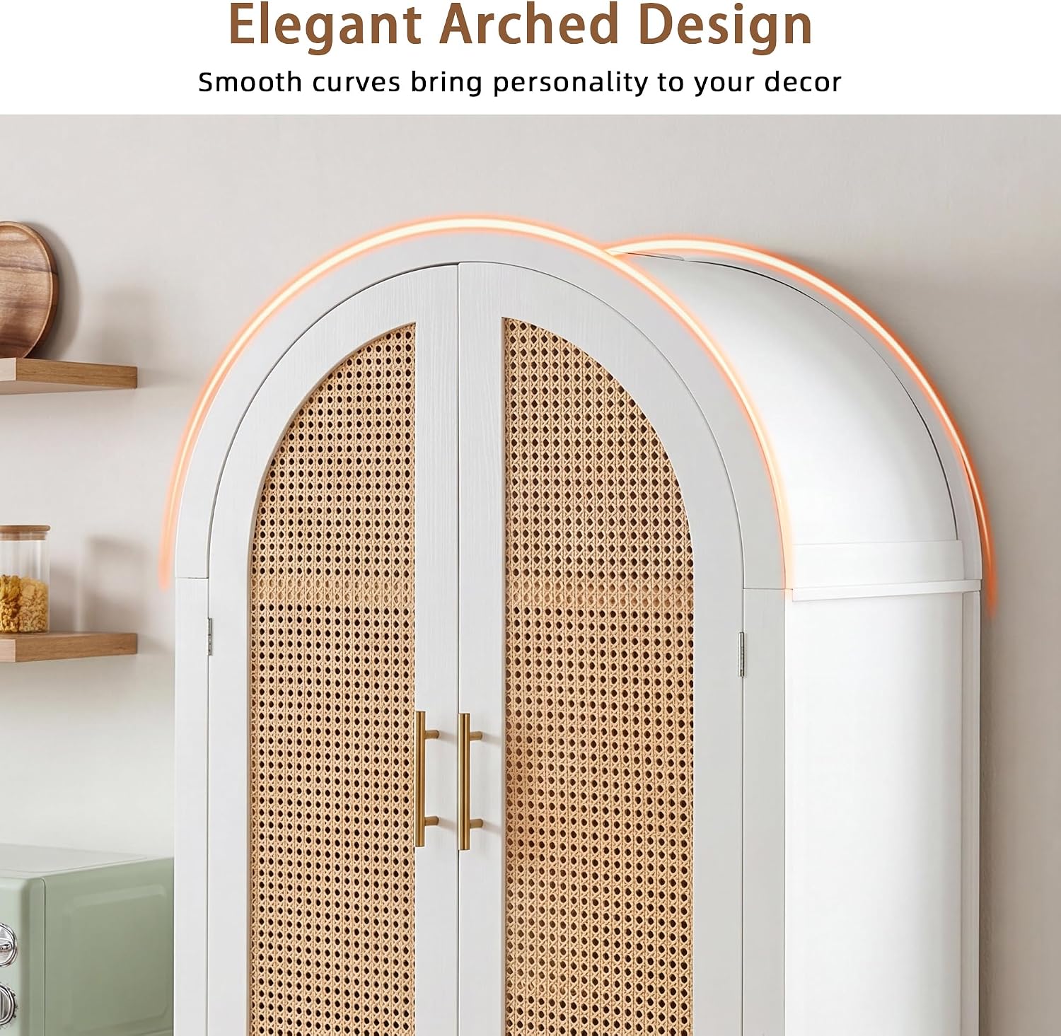 71" Tall Arched Cabinet with Rattan Doors & Adjustable Shelves, White | 4-Door Modern Farmhouse Storage Cabinet with Built-in Racks – Versatile Organizer for Kitchen, Dining Room, Study, Sturdy MDF
