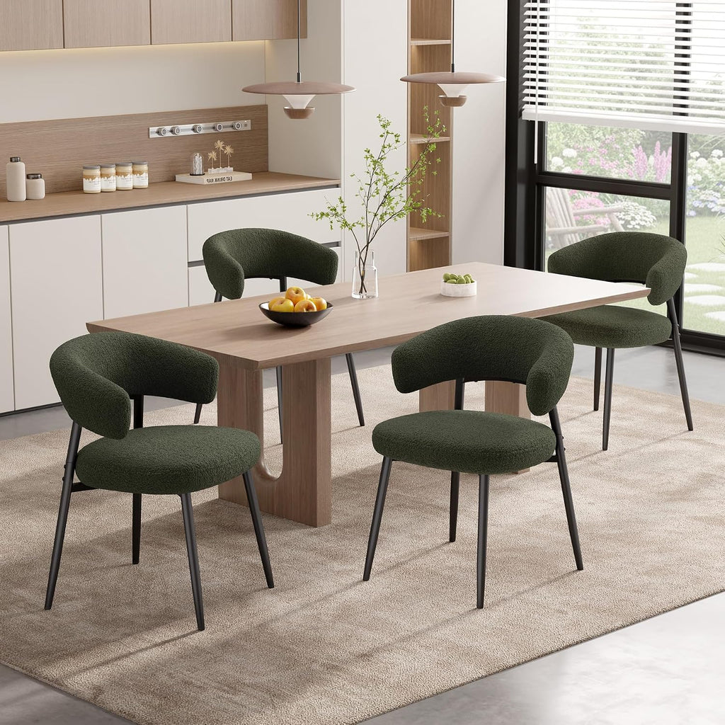 Dining Chairs Set of 4, Mid Century Modern Kitchen Chairs, Boucle Upholstered Dining Chair with Curved Backrest & Metal Legs for Kitchen Dining Room, Green