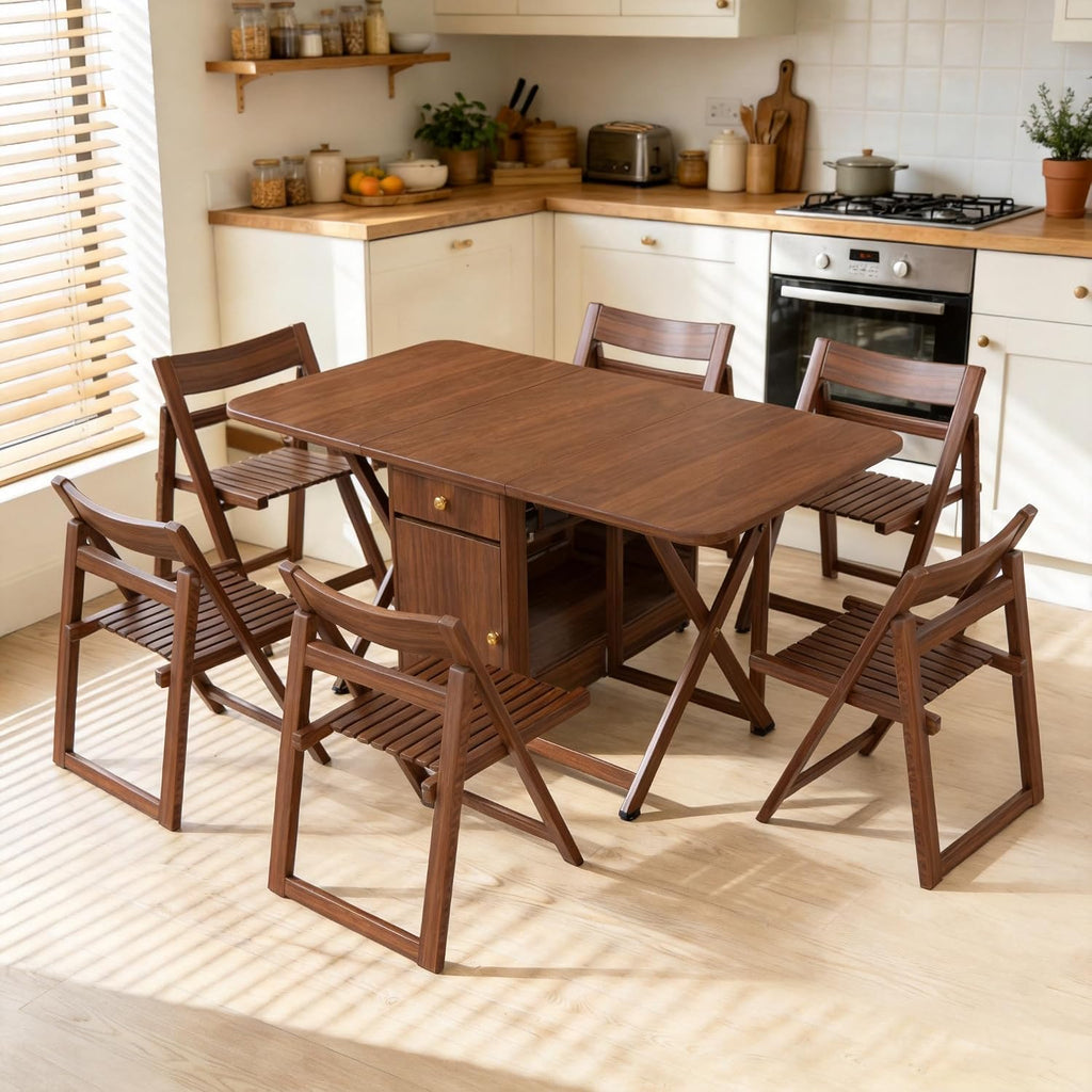 Small Drop Leaf Table - Folding Dining Table Set for 6 with 6 Foldable Chairs Inside, Fully Assembled Solid Wood Space-Saving Kitchen Table and Chairs Set with Storage & Lockable Wheels, Walnut, 59"