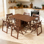 Small Drop Leaf Table - Folding Dining Table Set for 6 with 6 Foldable Chairs Inside, Fully Assembled Solid Wood Space-Saving Kitchen Table and Chairs Set with Storage & Lockable Wheels, Walnut, 59"