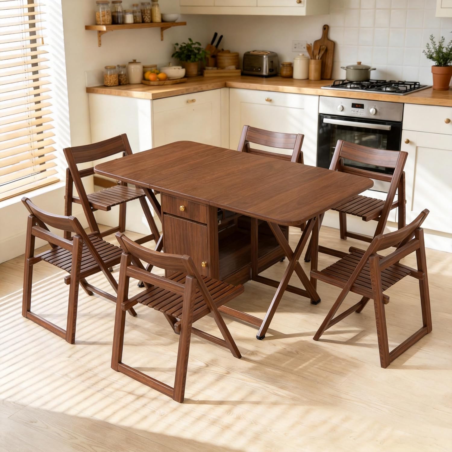 Small Drop Leaf Table - Folding Dining Table Set for 6 with 6 Foldable Chairs Inside, Fully Assembled Solid Wood Space-Saving Kitchen Table and Chairs Set with Storage & Lockable Wheels, Walnut, 59"
