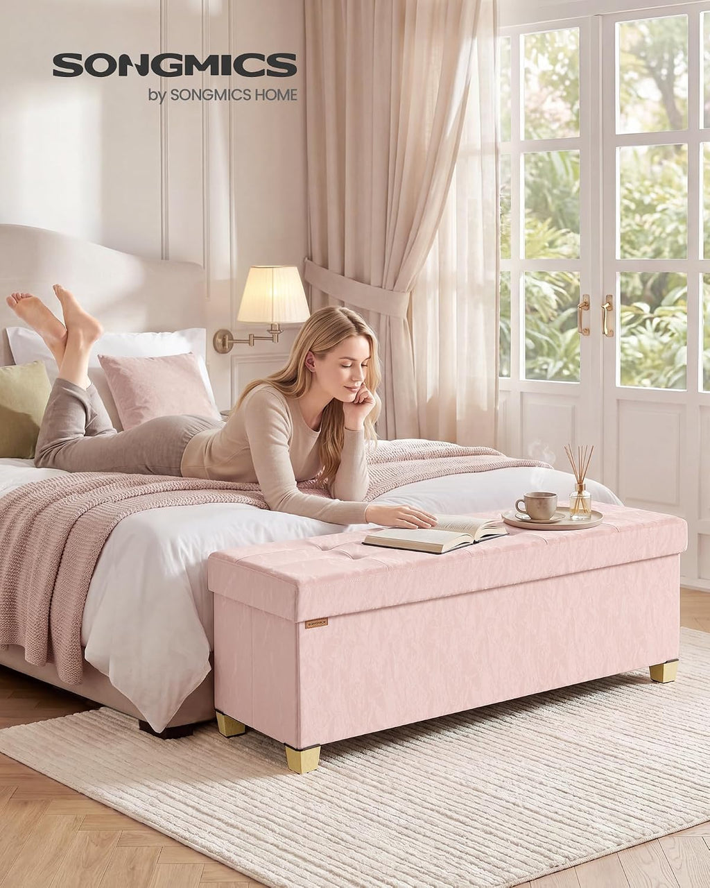 SONGMICS Storage Ottoman Bench, PU Leather Foldable Footrest, Padded Seat | Chest for Bedroom, 43.3 x 15 x 15.7 inches, Jelly Pink, MINOTA Collection ULSF524SA01