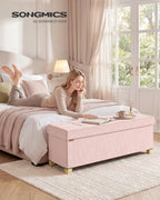 SONGMICS Storage Ottoman Bench, PU Leather Foldable Footrest, Padded Seat | Chest for Bedroom, 43.3 x 15 x 15.7 inches, Jelly Pink, MINOTA Collection ULSF524SA01