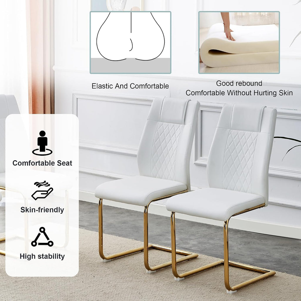 Glass Dining Table Set for 6, Modern Kitchen Table Set for 6, 71" Tempered Glass Tabletop with U-Shaped Gold Base, 7 Ppiece Large Dining Room Table Set with White PU Leather Chairs