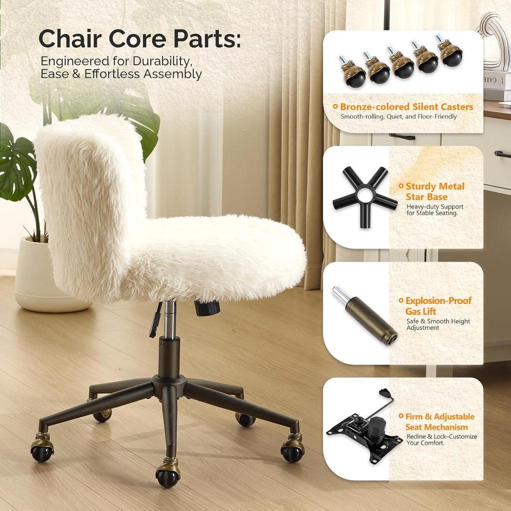 VINGLI Plush Upholstery Vanity Desk Chair with Curved Back & 90-102° Tilt &Adjustable Height, Cute Rolling Chair with Bronze Base & Golden-Bronze 360° Swivel Wheels for Makeup &Home Office,White Cream
