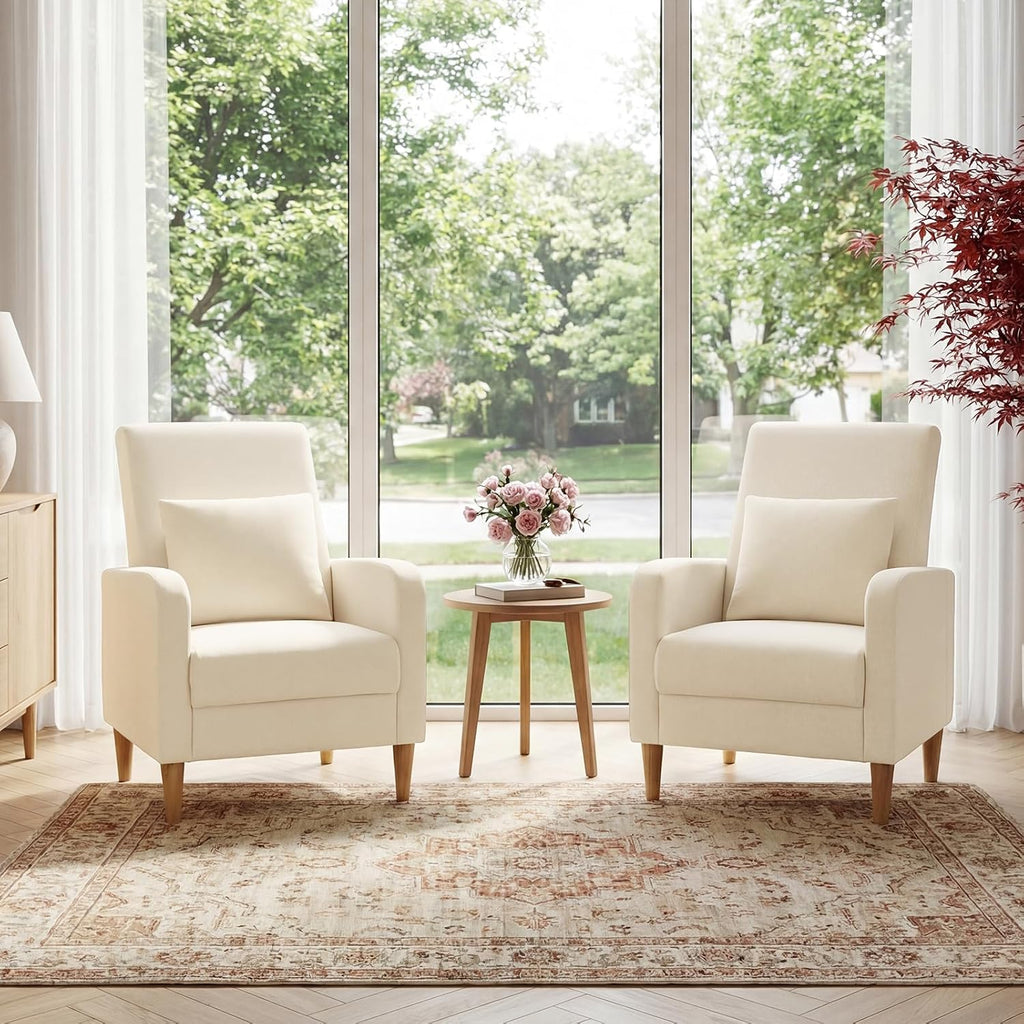 COLAMY Mid-Century Modern Upholstered Accent Chair with Back Pillow & Solid Wood Legs, Fabric Cozy Armchair for Living Room, Bedroom, Reading Nook, Apartment & Small Spaces, Beige