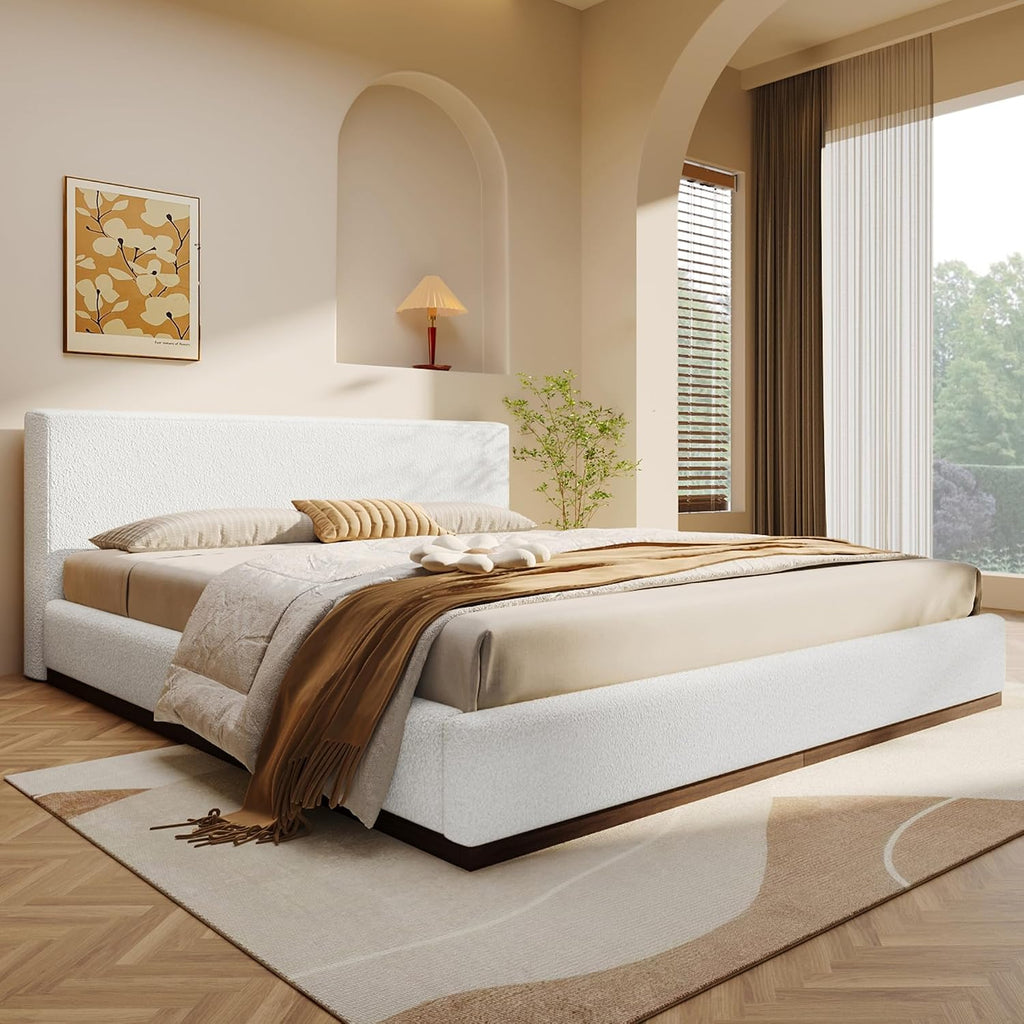 Christopher Knight Home Bettine Modern Boucle Queen Size Bed Frame with Headboard, Solid Wood Queen Bed Frame, Slat Panel Support Platform Bed, No Spring Box Needed, Heavy Duty, White+Brown
