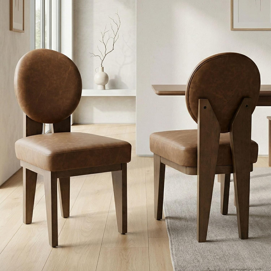 Hyfirm Mid-Century Modern Walnut Dining Chairs Set of 4, Vintage Brown Leather Wooden Kitchen Chairs, Retro Upholstered PU Cushioned Seat with Curved Backrest, Armless Accent Side Chair for Bedroom