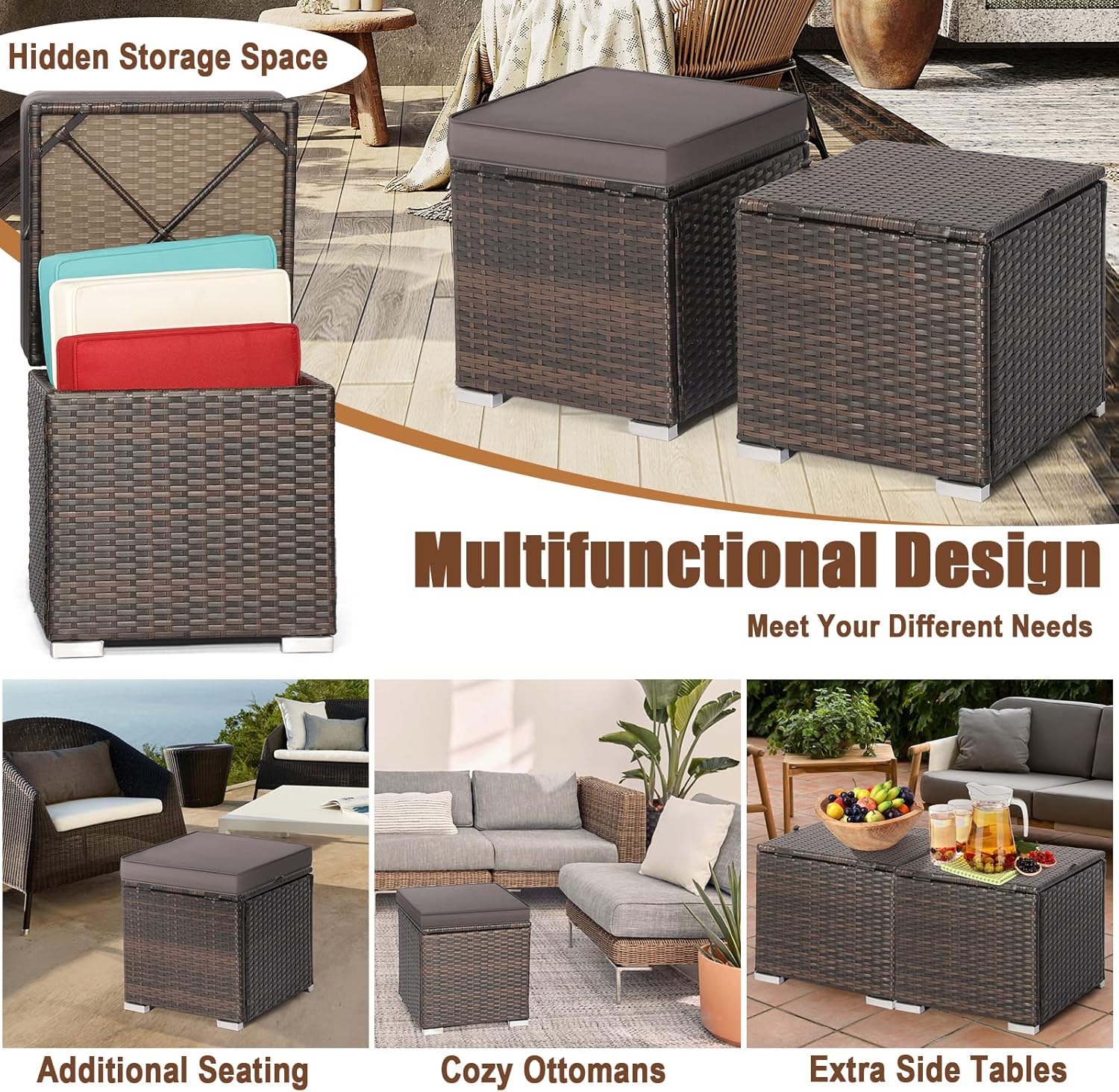 DORTALA Outdoor Storage Ottoman Wicker 2 Piece, Patio Ottomans PE Rattan Foot Rest Footstool with Cushions for Couch, Chair, Grey
