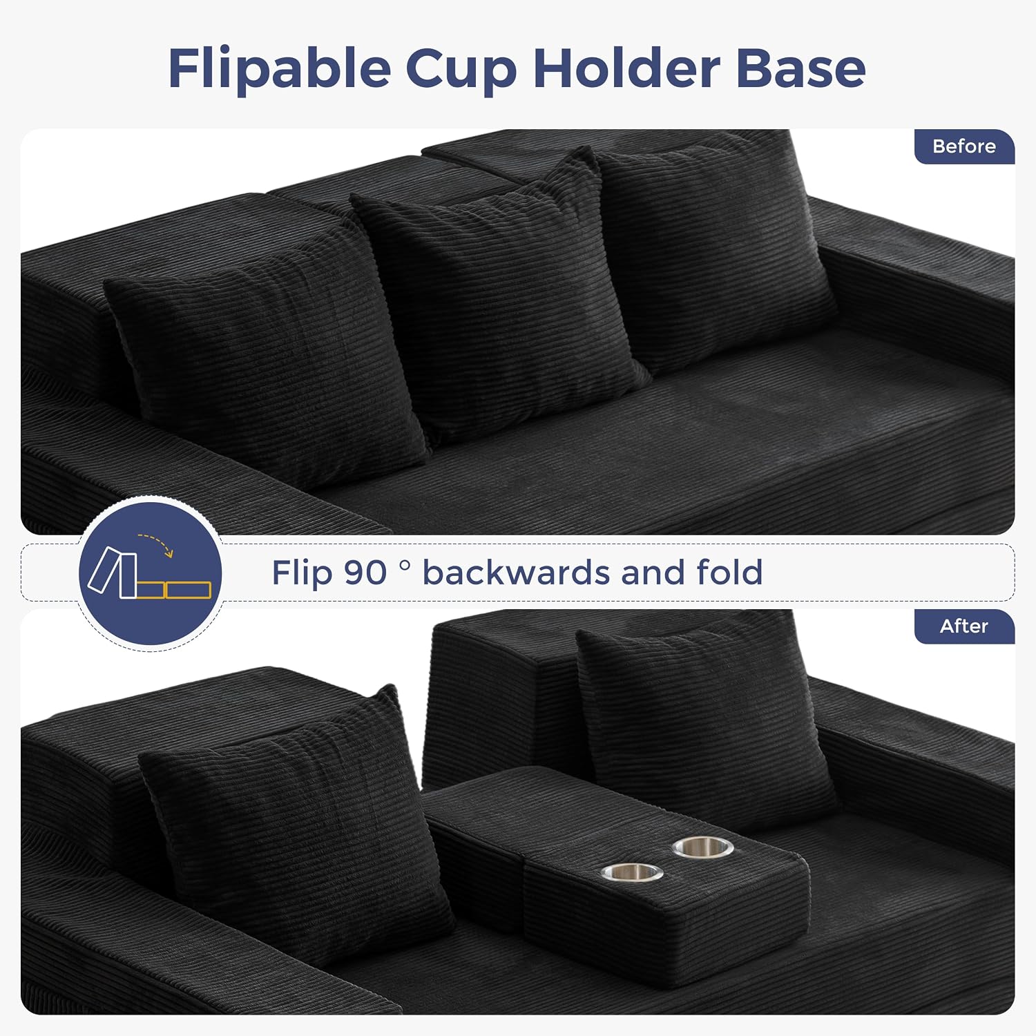 MAXYOYO Sofa Bed, 80-Inch Oversized Loveseat, 2 Cup Holders | Corded Black 4-in-1 Couch Converts Into a Floor Sofa or Chair; Sofa-in-a-Box Design Requires No Assembly.