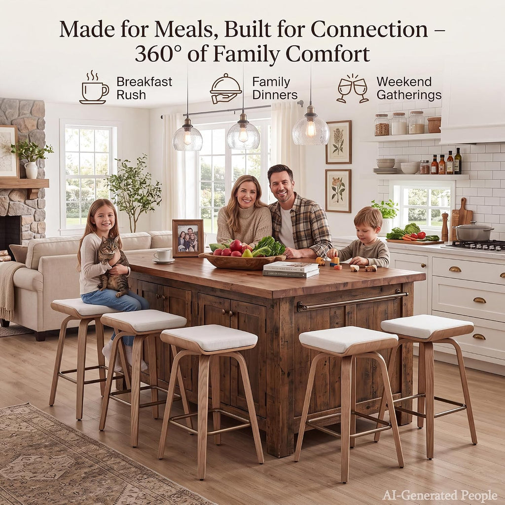 HNY 26" Swivel Bar Stools Set of 4, Backless Counter Height Bar Stools with Removable Linen Cushion, 360° Swivel Wooden Saddle Stools with Footrest for Kitchen Island, Home Bar & Small Spaces