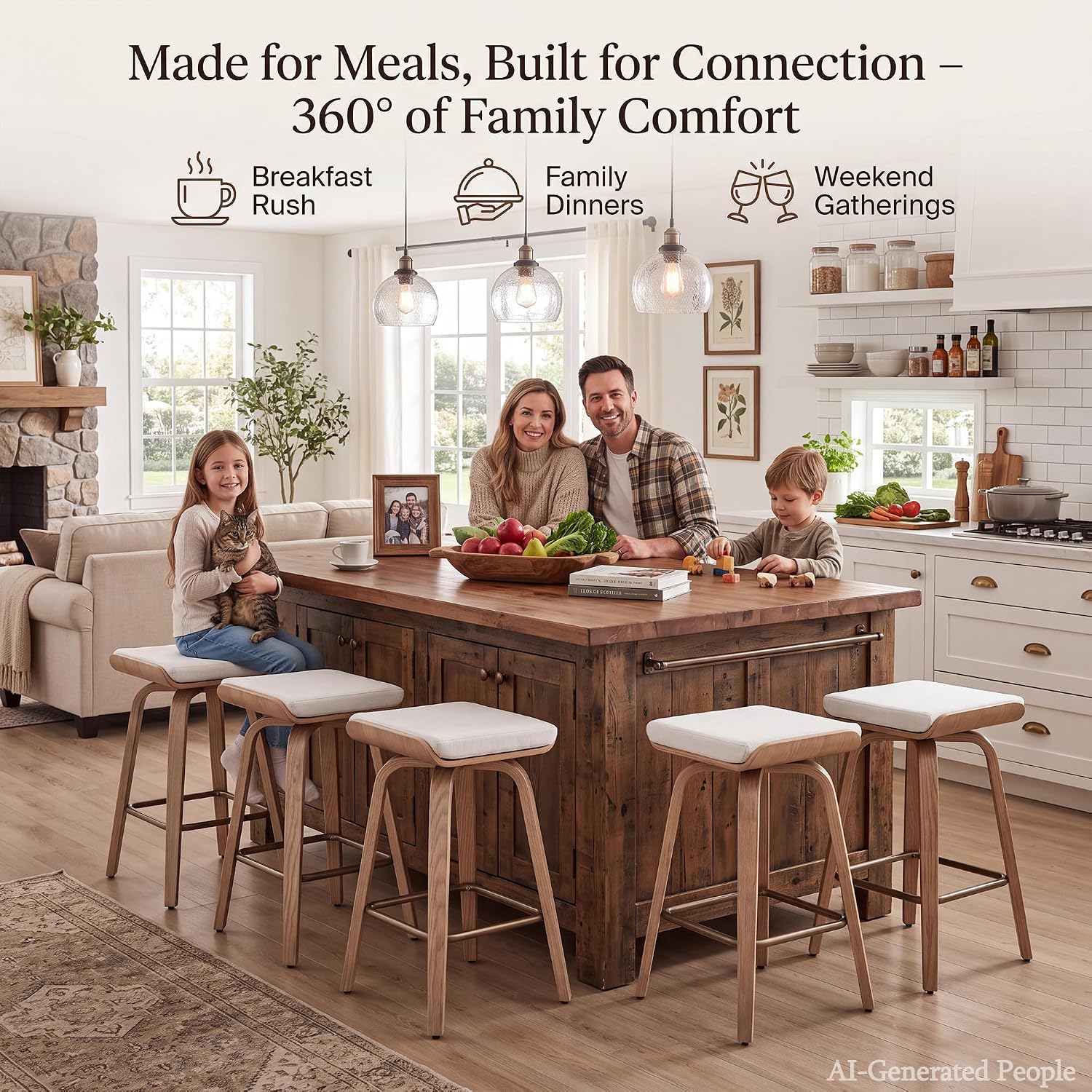 HNY 26" Swivel Bar Stools Set of 4, Backless Counter Height Bar Stools with Removable Linen Cushion, 360° Swivel Wooden Saddle Stools with Footrest for Kitchen Island, Home Bar & Small Spaces