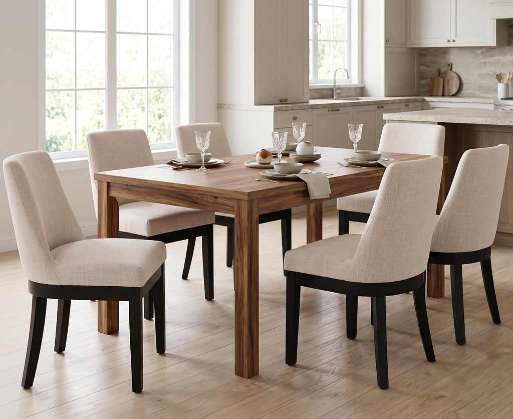 RIVOVA Upholstered Dining Chairs Set of 6, Modern Wooden Dining Room Chair Linen Fabric Kitchen Chairs Farmhouse Dinner Chair with Black Hardwood Frame, Beige