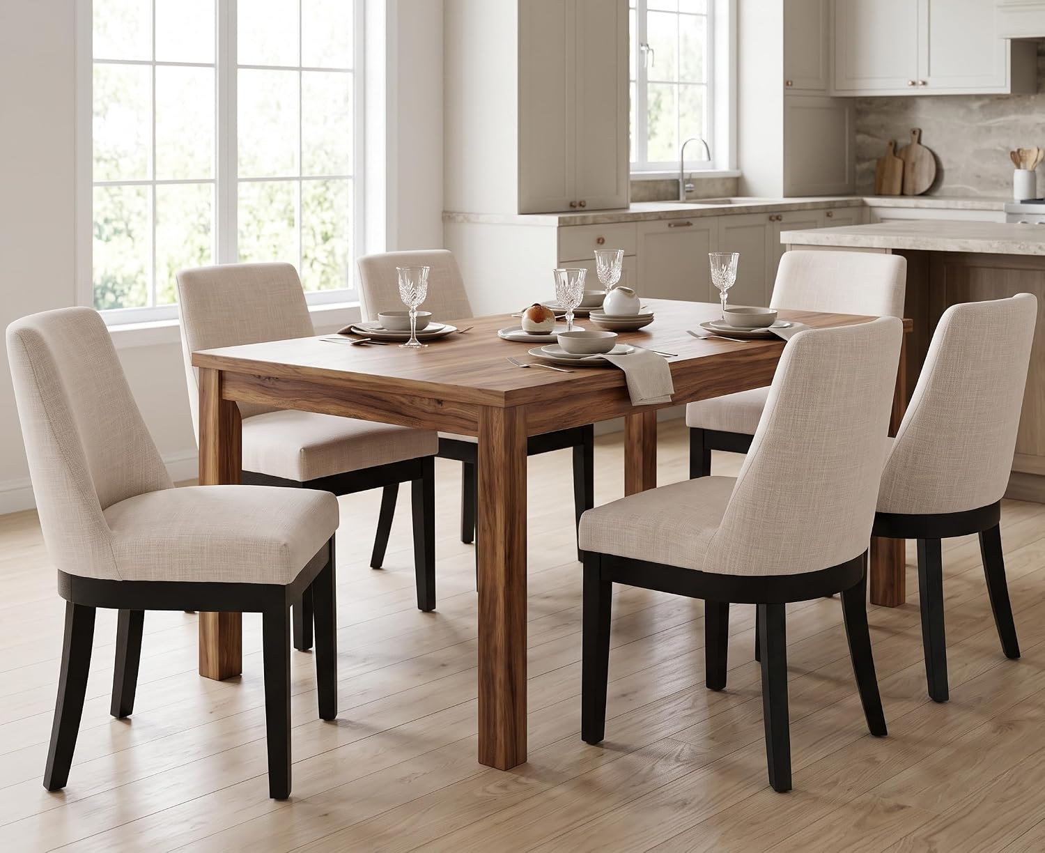 RIVOVA Upholstered Dining Chairs Set of 6, Modern Wooden Dining Room Chair Linen Fabric Kitchen Chairs Farmhouse Dinner Chair with Black Hardwood Frame, Beige