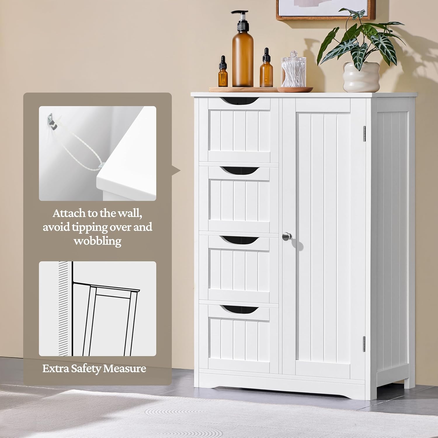 Yaheetech Small Bathroom Storage Cabinet with 4 Drawers & Door, White | Floor Cabinet Organizer for Hallway, Living Room, 3-Position Adjustable Shelf, Beadboard Detail, MDF, 12"D x 22"W x 32.5"H