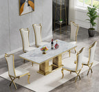 68 in Faux Marble Dining Table for 4-6, White Marble Dining Table with Gold Stainless Steel Base, Luxury Rectangular Dining Room Table for Kitchen, Living Room, Apartment, Family Meals, Dinner Parties