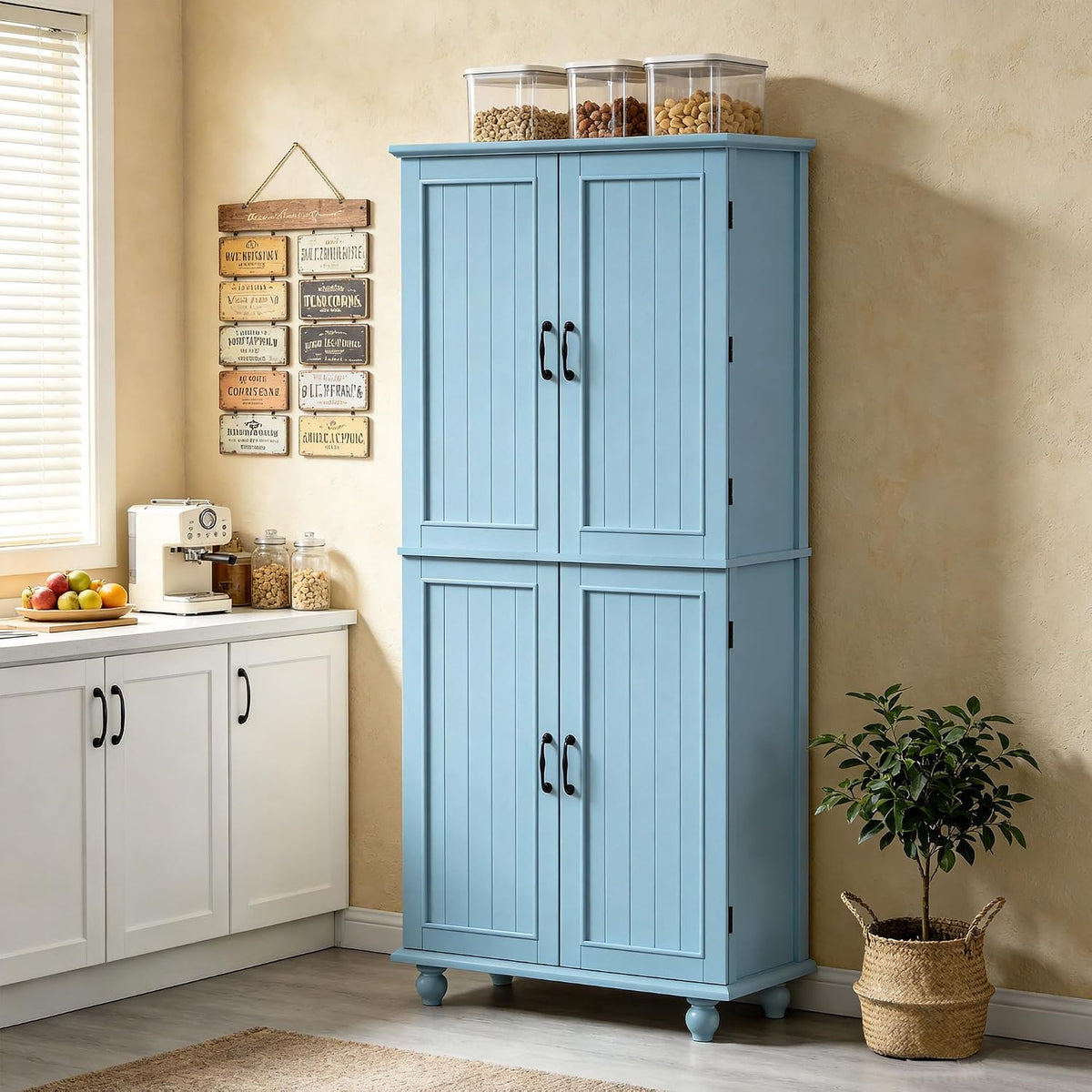 Scurrty Vintage Kitchen Pantry Cabinet with Drawers and Door Shelves, Blue | 69'' Tall Cupboard, Pull Out Trays, Painted, Heavy Duty, Roman Column Leg, Adjustable Shelf, Farmhouse Hutch, Food Organizer